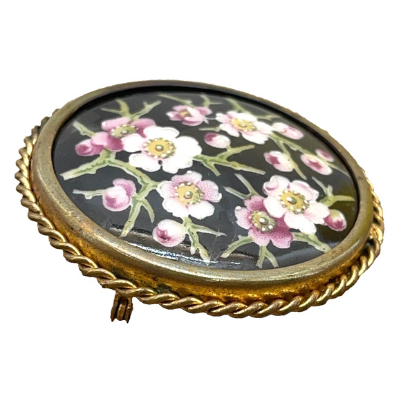 Limoges Old Brooch Pin Hand Painted Flowers Black Enamel Golden Rope P.Pastaud - Picture 6 of 7